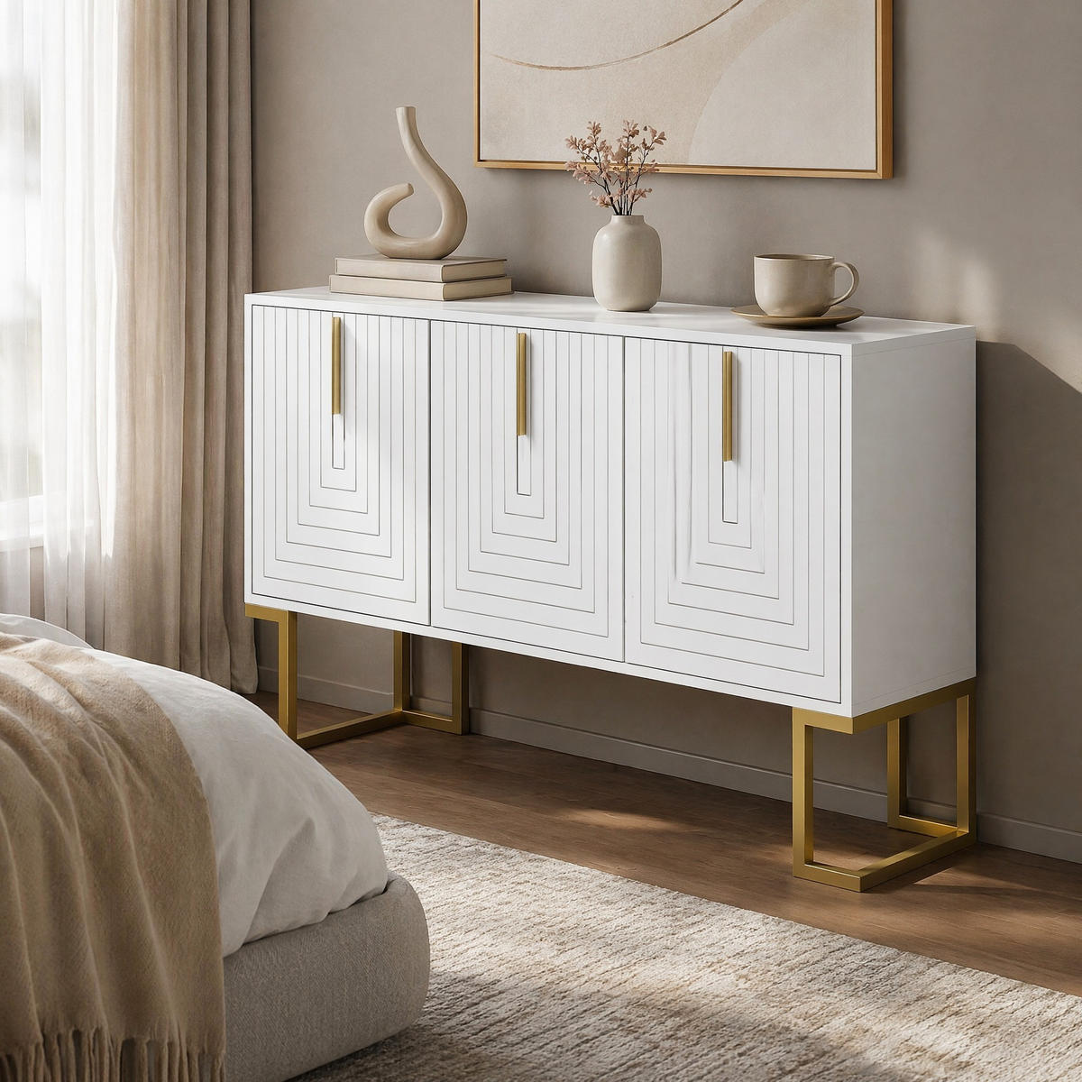 SIDEBOARD in Weiß Anrichte mit 3 Türen und verstellbaren Regalen für Esszimmer und Küche, B138/T40/H80.5 cm - Goldfarben/Weiß, Holzwerkstoff/Metall (138/80.5/40cm) - STILVORA