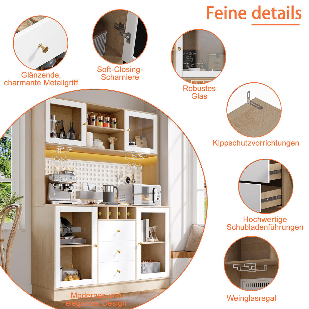 HIGHBOARD in Weiß Küchenschrank mit LED-Lichtleiste und Schubladen für Küche und Wohnzimmer, B140/T40/H185.7 cm - Transparent/Weiß, Glas/Holzwerkstoff (140/185.7/40cm) - STILVORA