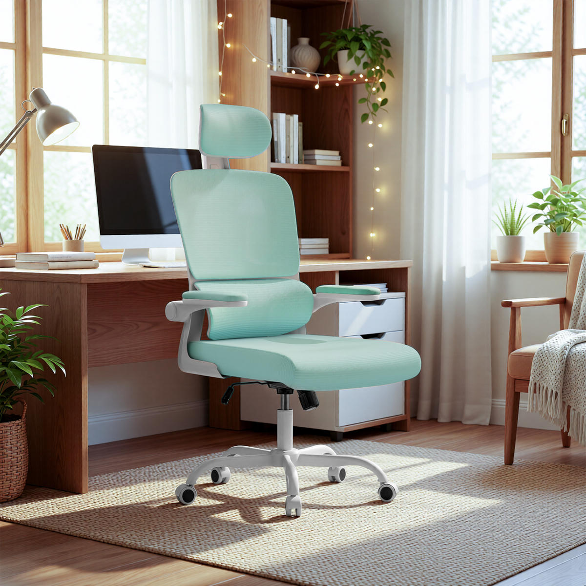 BÜROSTUHL Weiß-Grün ergonomisch mit klappbaren Armlehnen - Grün, Metall (25/52.5/65cm) - Rattrix