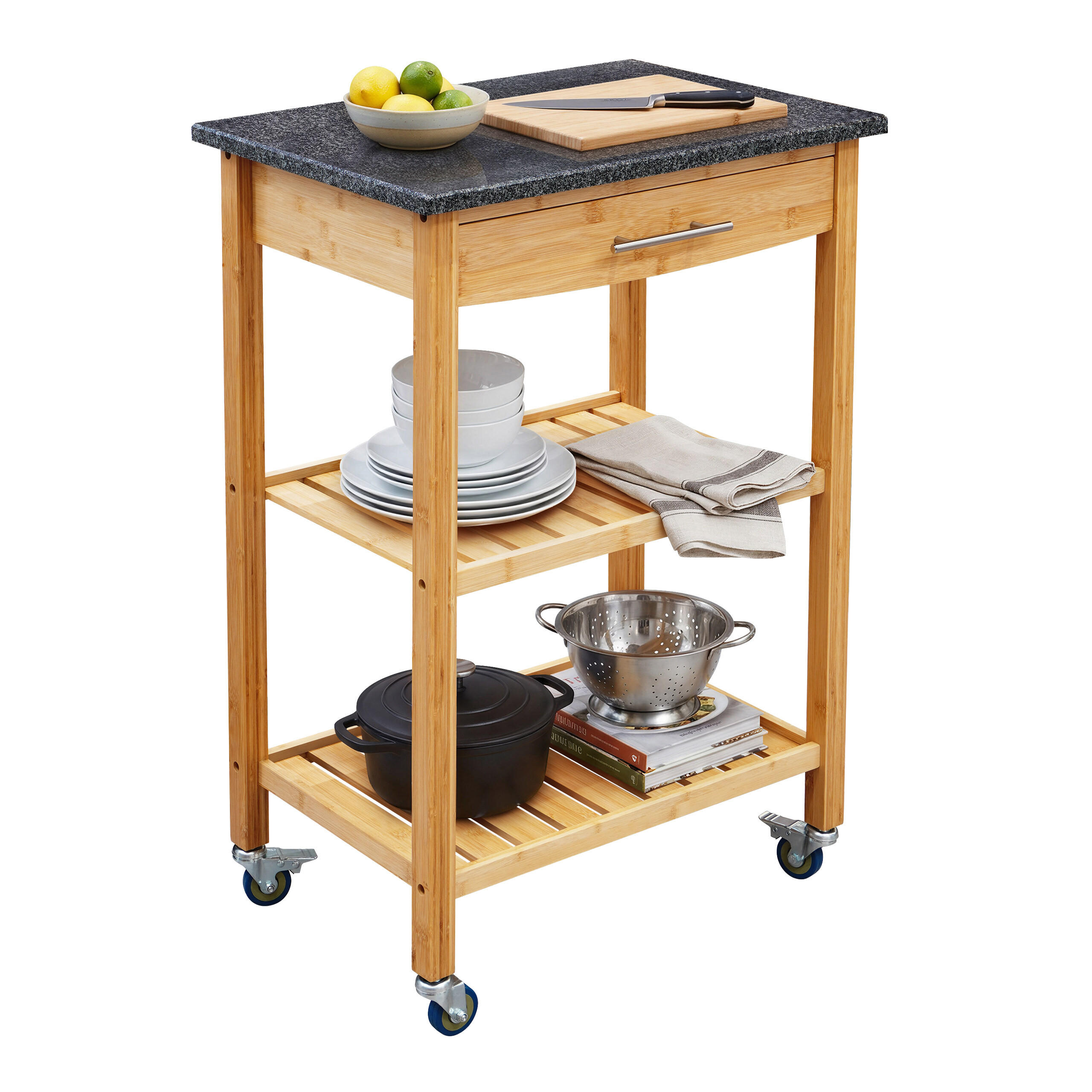 KÜCHENWAGEN Natur Anthrazit Bambus Granitplatte - Hellbraun, Holz/Stein (58/85/40cm) - Relaxdays