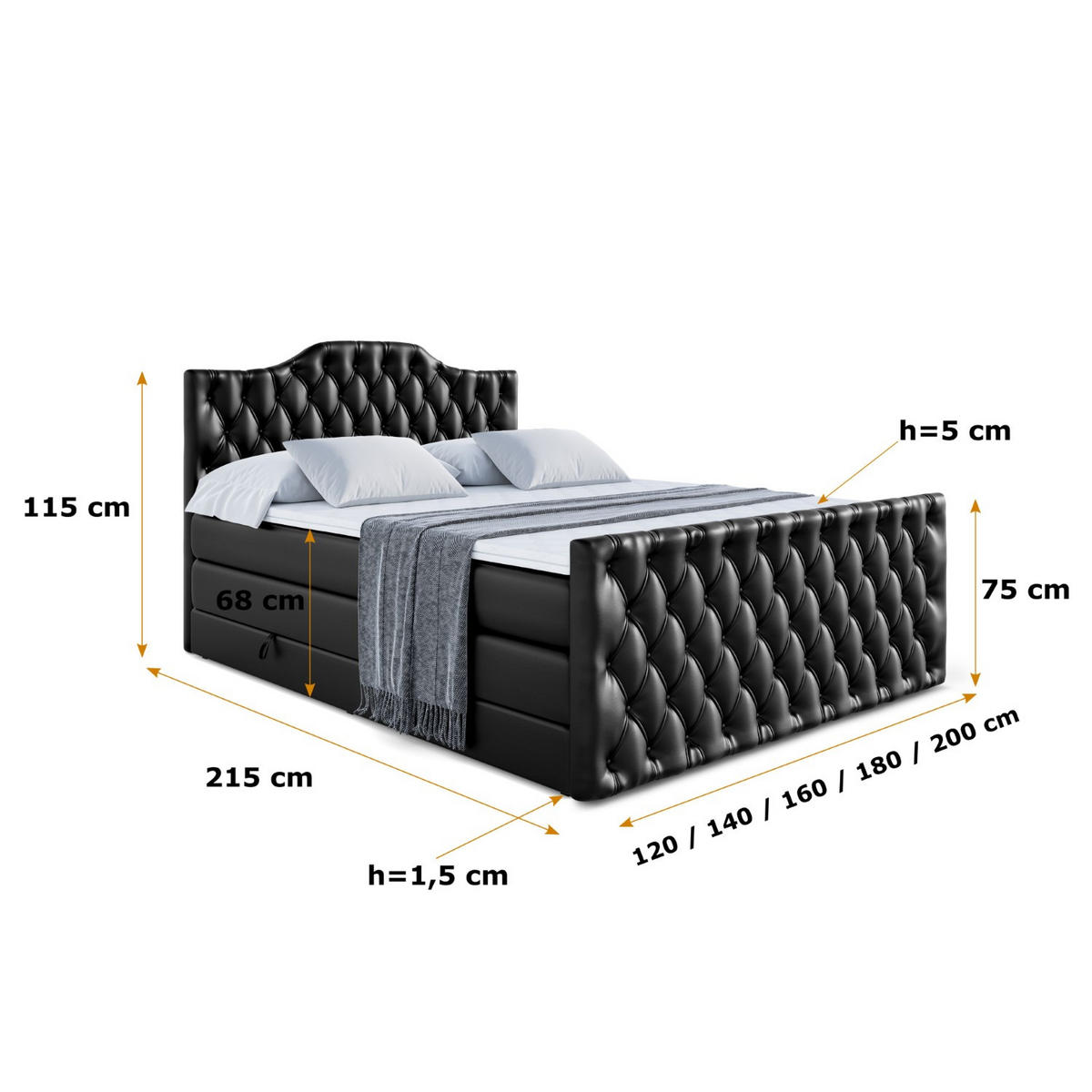 BOXSPRINGBETT VILA-1-Z KING - 160x200 - H3/H4 - Schwarz Hochglanz - Schwarz Hochglanz, Holzwerkstoff (160/200cm) - ALTDECOR