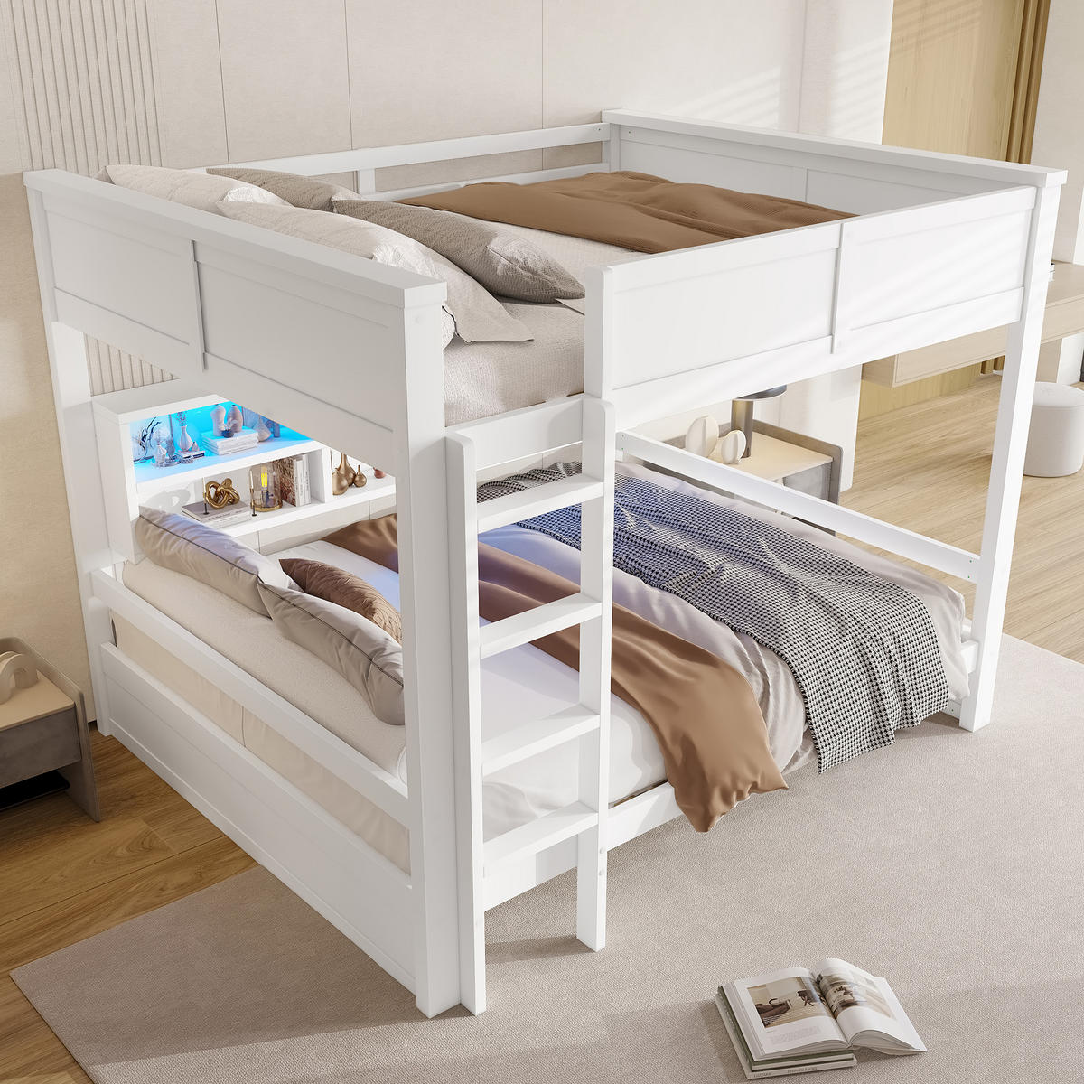 ETAGENBETT 160/200 cm in Weiß mit 6 Schränken und LED - Weiß, Holz/Holzwerkstoff (160/200cm) - WISHDOR