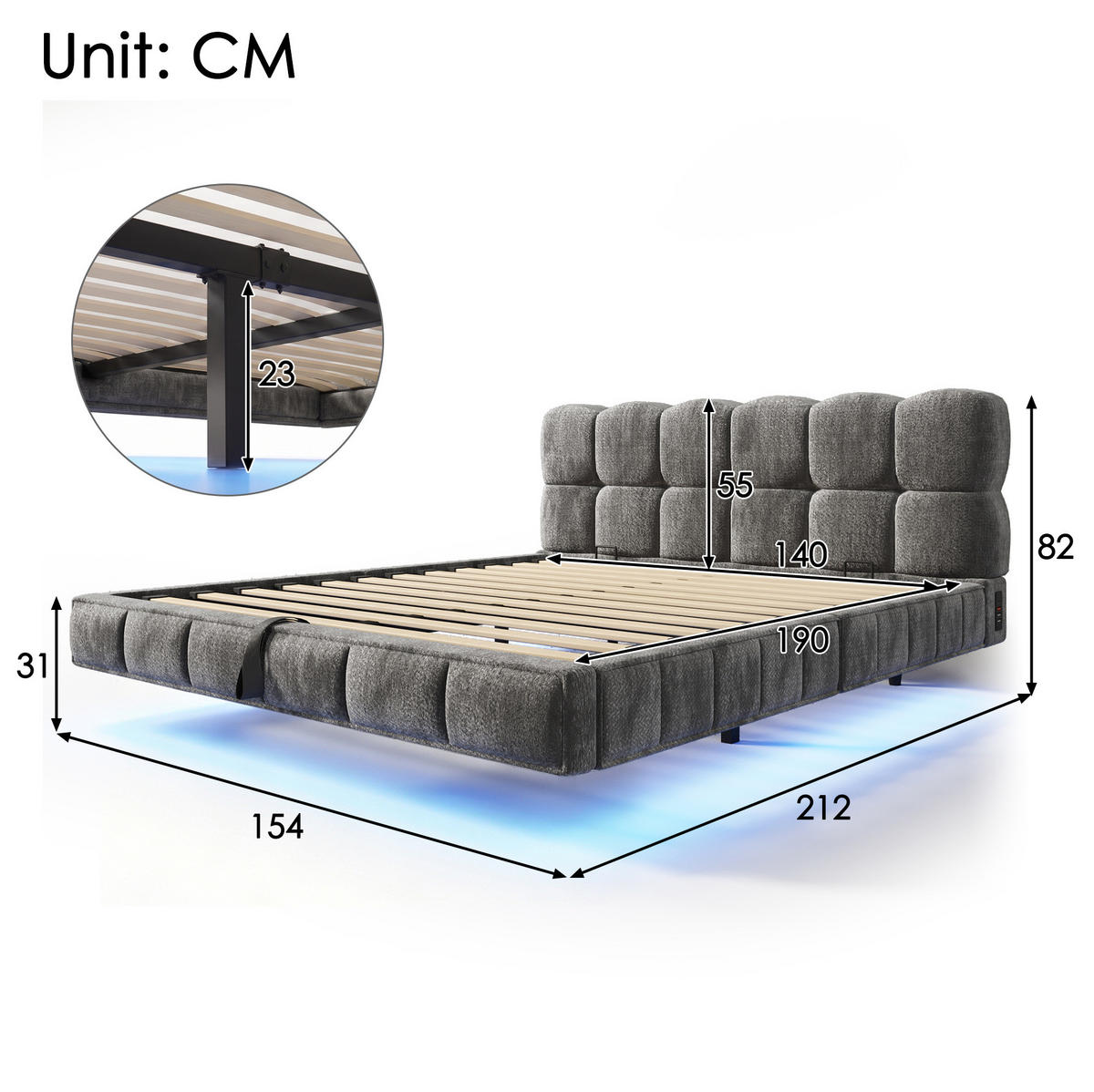 POLSTERBETT aus Chenille 140x190 cm Grau mit Bettkasten, LED und USB-/Typ-C-Anschlüssen - Grau, Textil (140/190cm) - Modfu