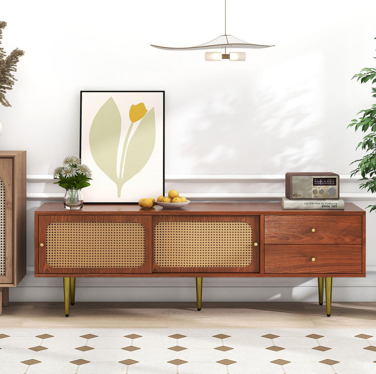 TV-LOWBOARD aus MDF 160x40x60 cm Walnuss mit Schiebetüren, Schubladen und Kabeldurchlässen - Weiß, Holzwerkstoff (160/60/40cm) - Modfu