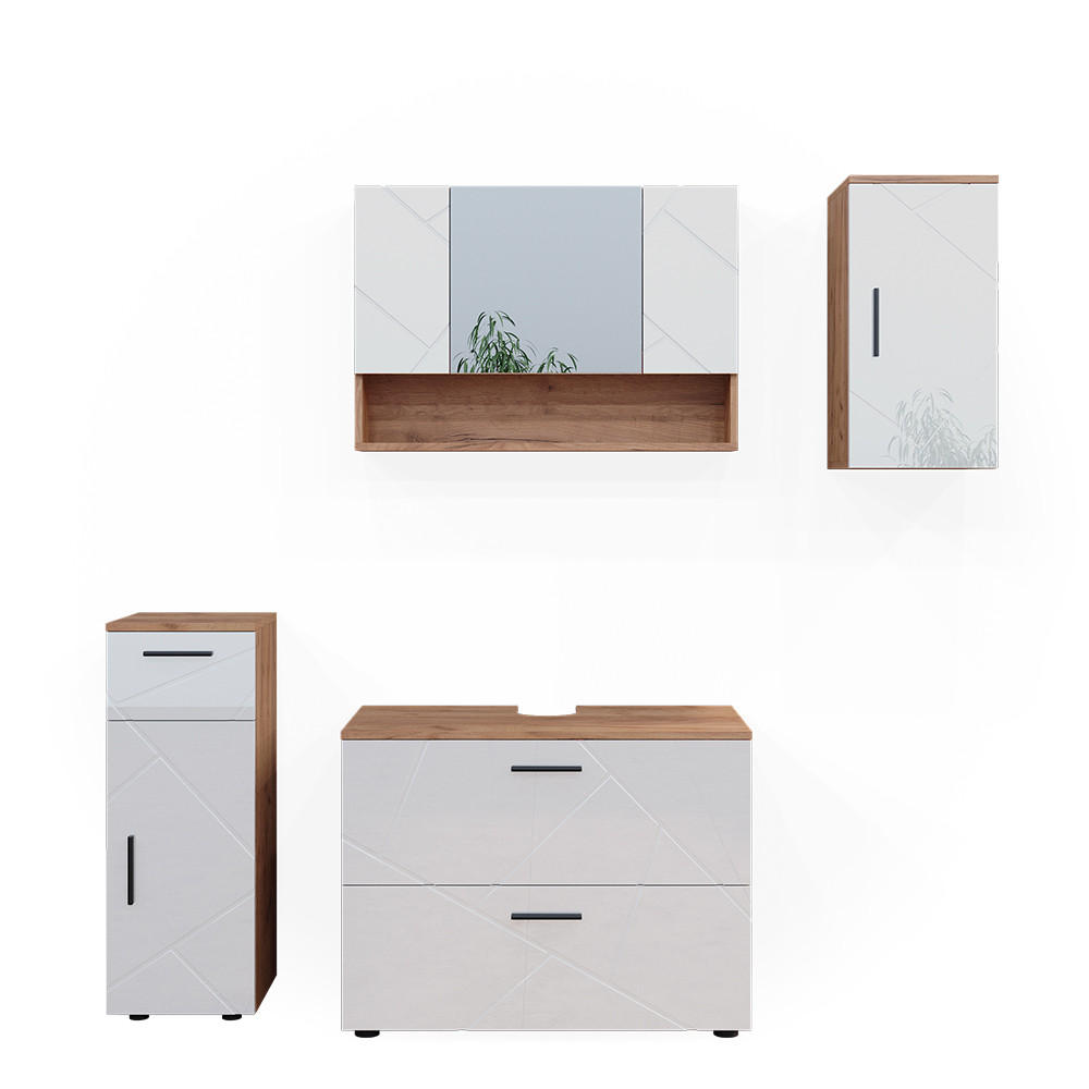 BADMÖBEL-SET Irma Weiß Hochglanz/Goldkraft Eiche 4 Teile - Honigeiche/Weiß Hochglanz, Holzwerkstoff (80/58.6/41cm) - Vicco