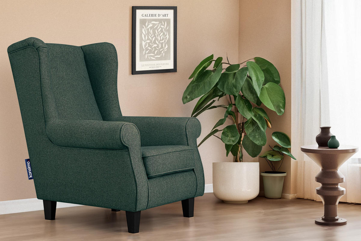 OHRENSESSEL MILES Massivholzbeine schwarz, meeresgrün - Jadegrün, Holzwerkstoff/Buchenholz (82/105/97cm) - KONSIMO®