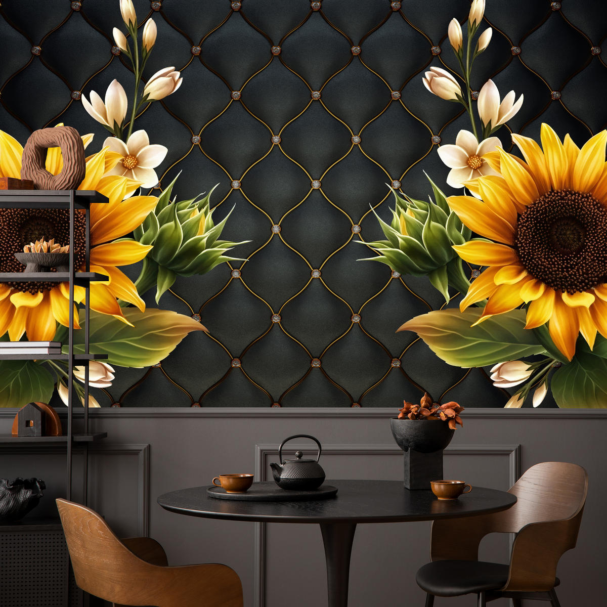 FOTOTAPETE für Küche Blume Sonnenblumen auf gestepptem Hintergrund 450x315 - Gelb/Schwarz, Papier (450/315cm) - Muralo