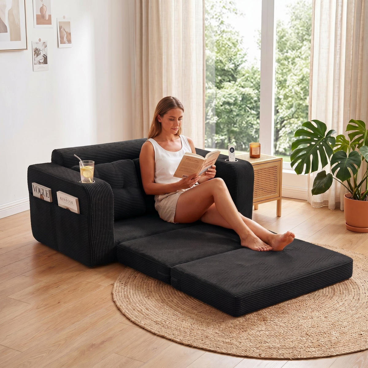 SCHLAFSOFA 2-Sitzer Sofa mit 2 Zierkissen,Lounge Sofa,Polstersofa,Cord,Schwarz - Schwarz, Textil (136/82.5/80cm) - LVHOM