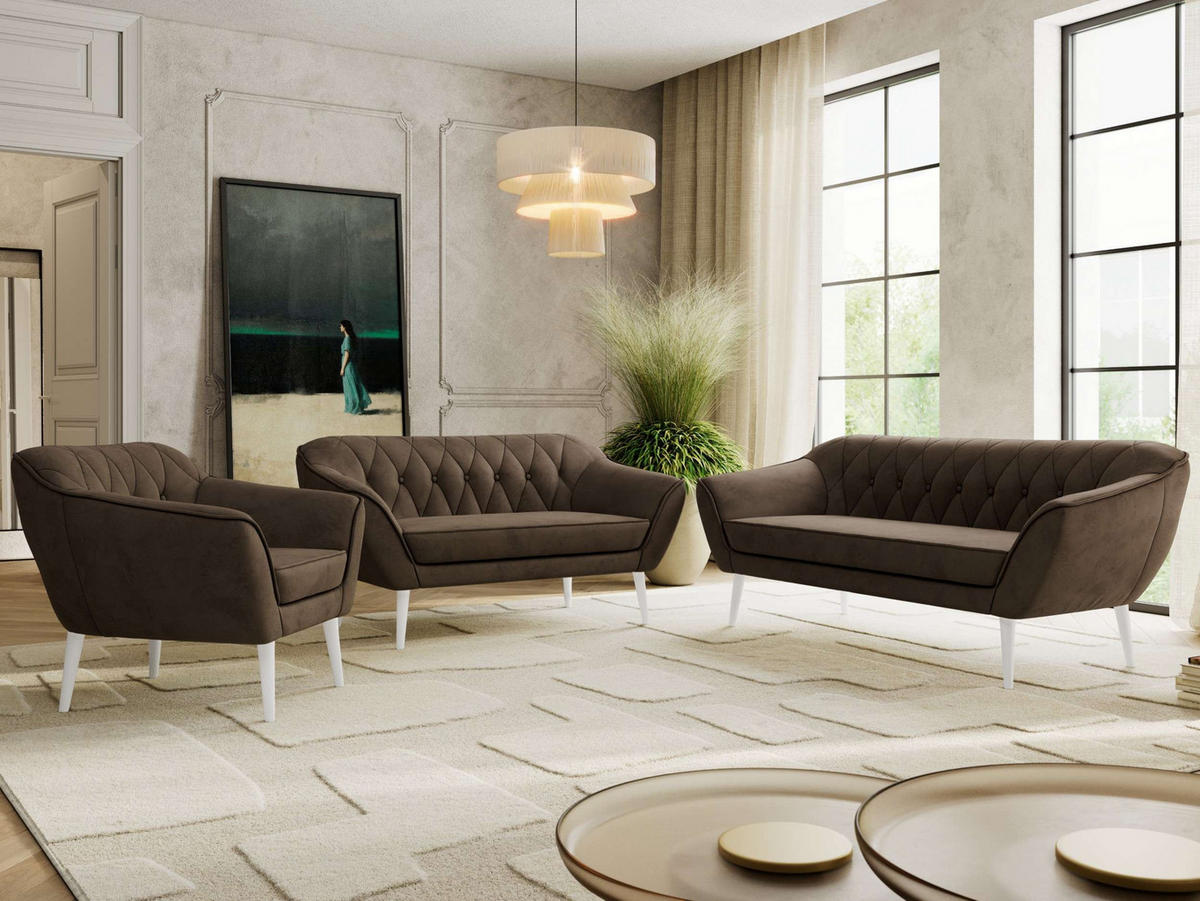 SITZGARNITUR PIRS 3+2+1 - Braun Velvet - Weiße Beine - Dunkelbraun/Braun, Holzwerkstoff/Textil (180/75/74cm) - MKS