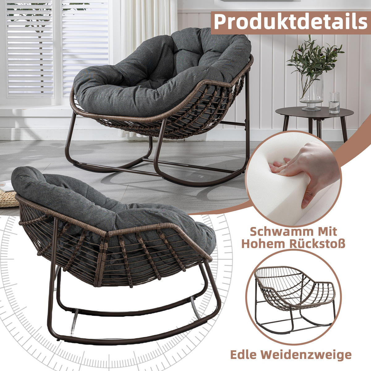 SCHAUKELSTUHL Schaukelsessel Garten,Rattanstuhl mit Stahlrahmen,Grau-Polyester - Graubraun, Metall (94.5/80/111cm) - LVHOM