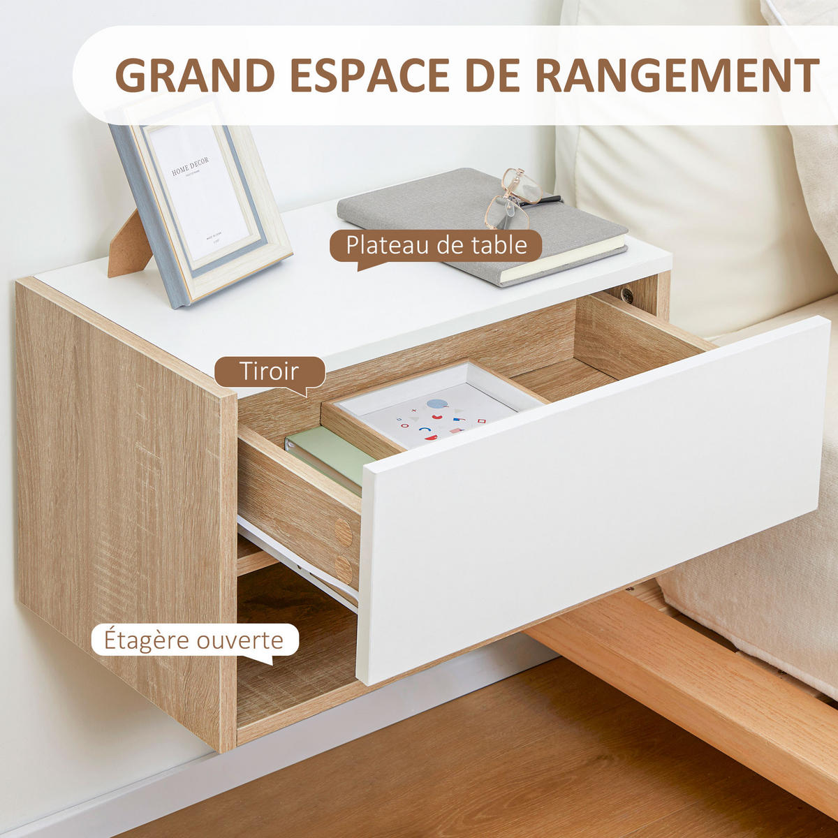 NACHTSCHRANK 2er-Set DE-12807 Schublade und offenes Fach Weiß/Eiche hell - Weiß, Holzwerkstoff (30/30/46cm) - ComfortXL