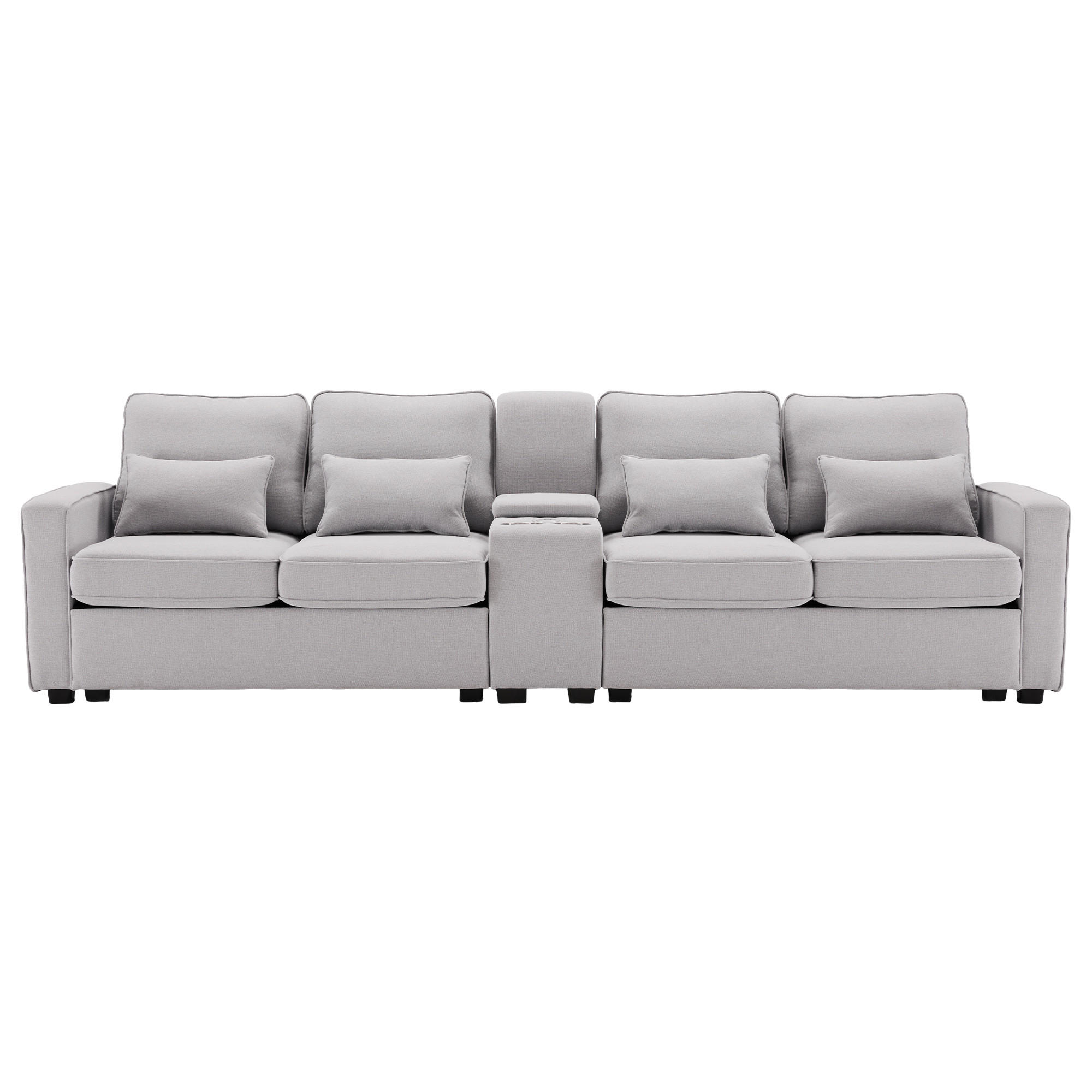 SOFA 4-Sitzer Leinenstoff Konsole 2 USB & Getränkehalter 4 Kissen Grau - Grau, Holz (83/88/290cm) - FLIEKS