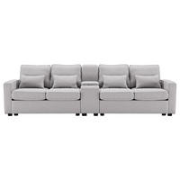 SOFA 4-Sitzer Leinenstoff Konsole 2 USB & Getränkehalter 4 Kissen Grau - Grau, Holz (83/88/290cm) - FLIEKS