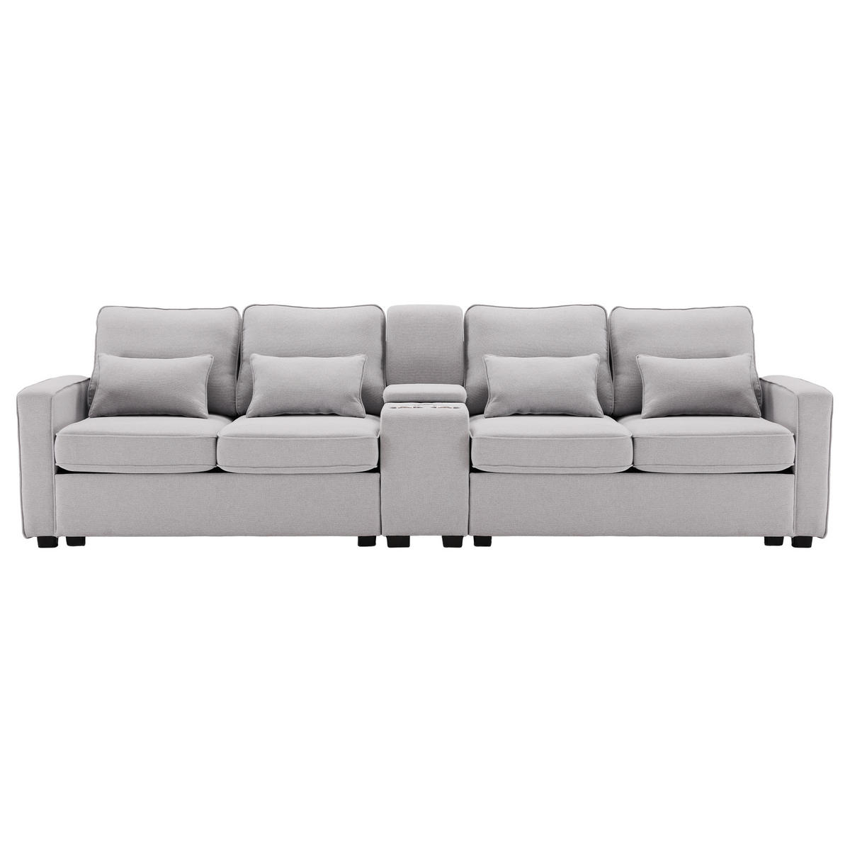 SOFA 4-Sitzer Leinenstoff Konsole 2 USB & Getränkehalter 4 Kissen Grau - Grau, Holz (83/88/290cm) - FLIEKS
