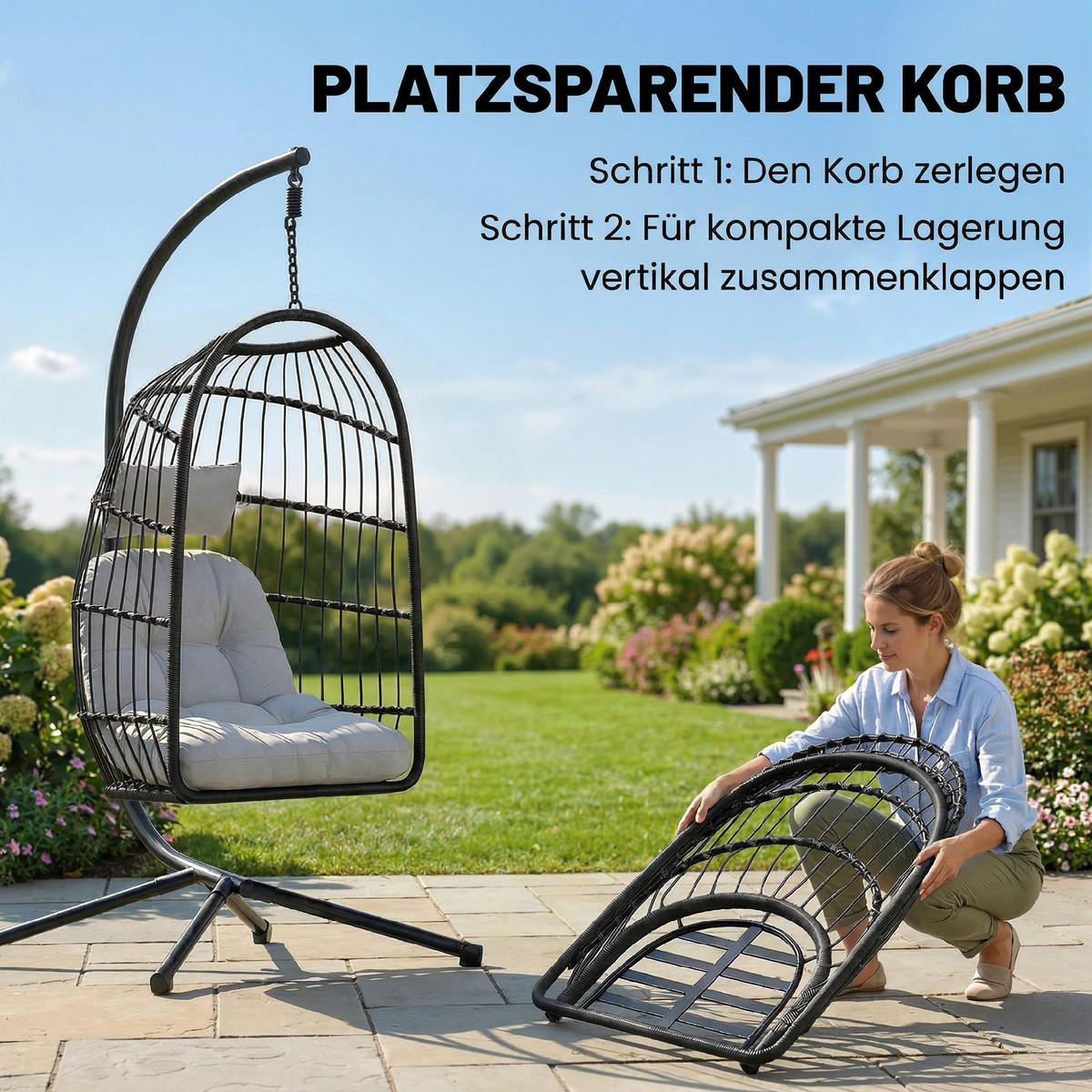 ZÁVĚSNÉ křeslo z kovu a PE ratanu, světle šedé - černá/světle šedá, kov/textil (101/196/105cm) - Outsunny