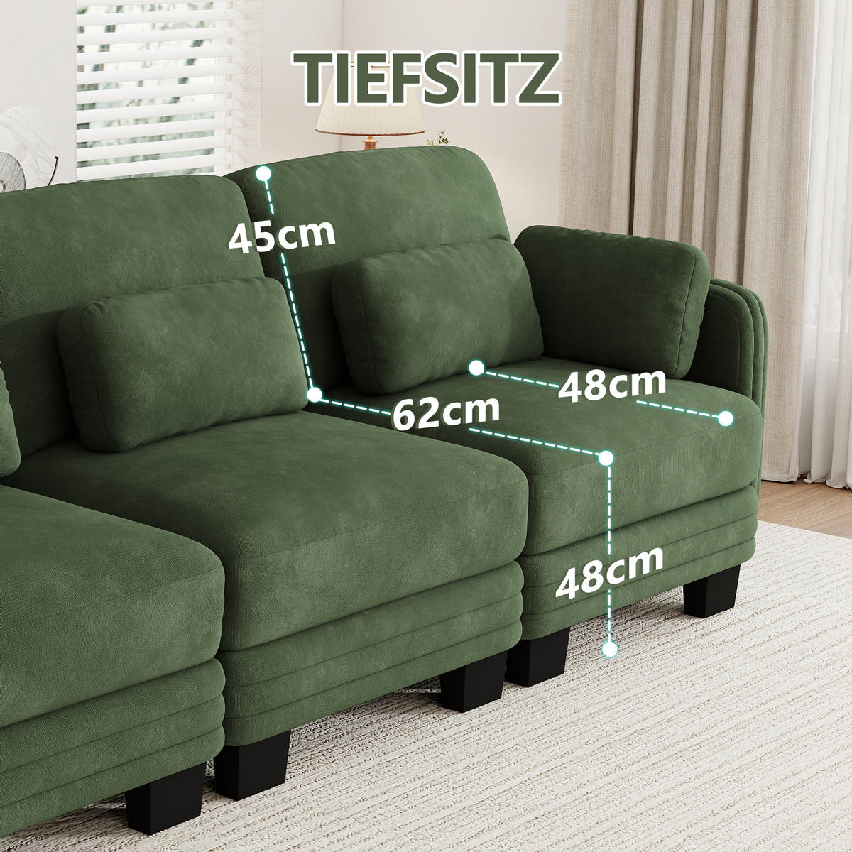 3-SITZER-SOFA Chenille mit Lenden- und Armkissen, DE-42686, Grün - Grün, Holz (253/88/88cm) - ComfortXL