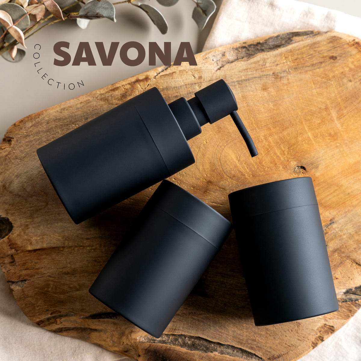 BADEZIMMER-SET SAVONA, Soft-Touch, schwarz, rund - Schwarz, Kunststoff (7/16/9cm) - bremermann