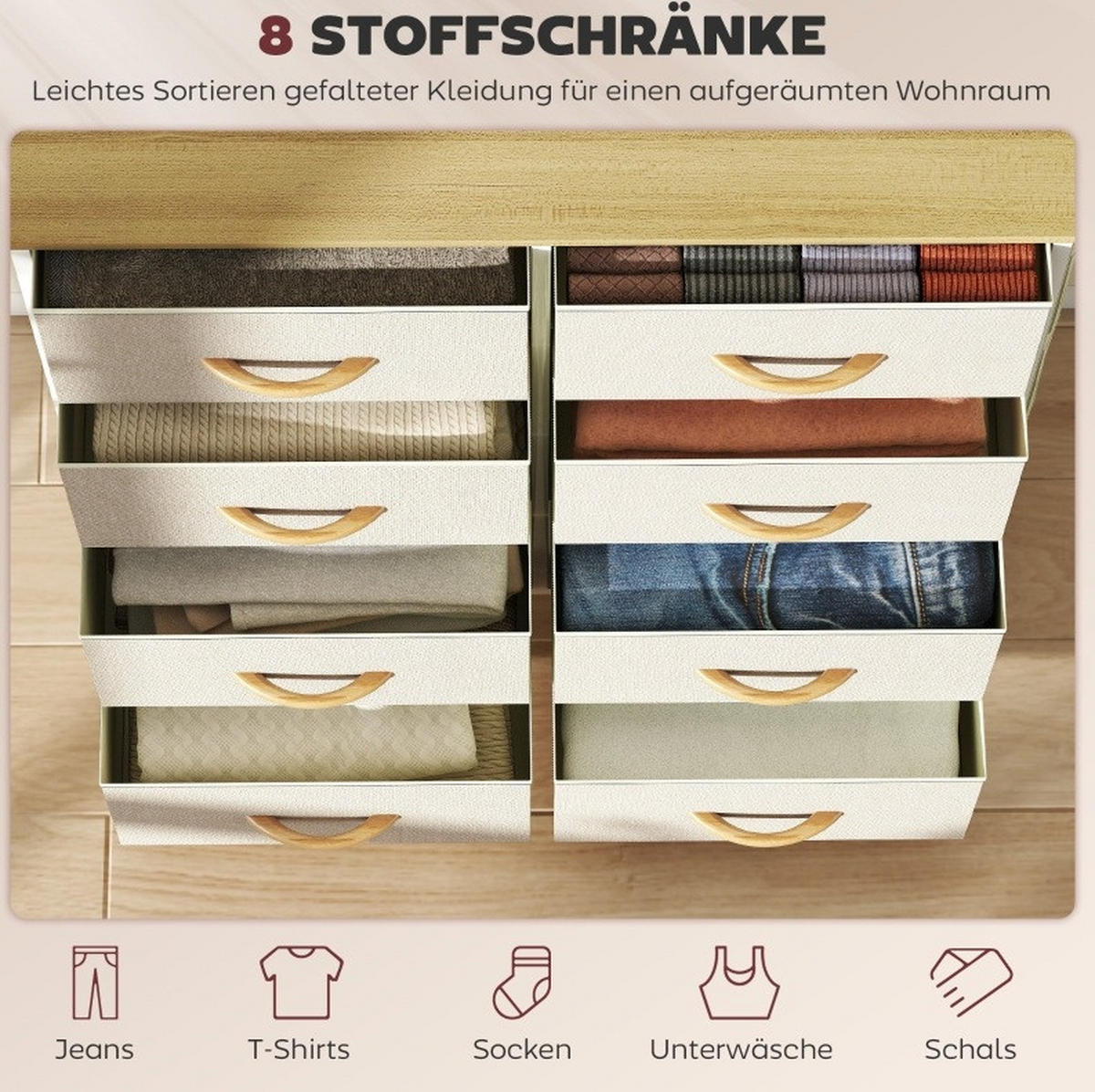 KOMMODE mit 8 Stoffschubladen 86 x 30 x 94,5 cm Stahl Beige - Beige, Metall (30/94.5/86cm) - Meubliv