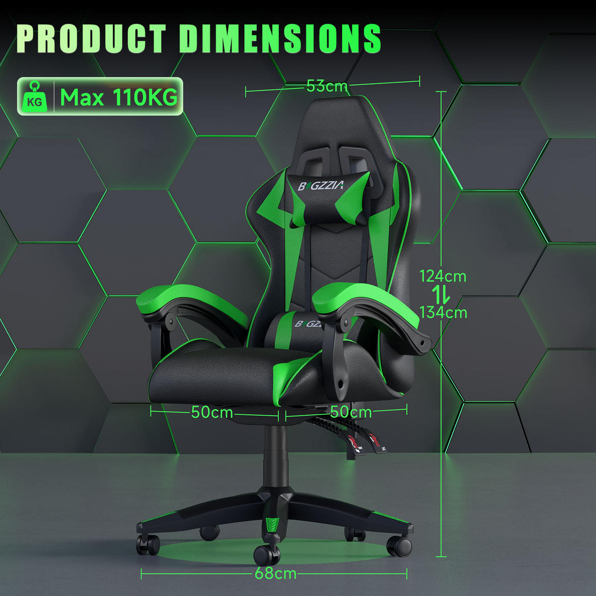 GAMING-STOLICA Zelena,Ergonomska,Podesiv Naslon,Pričvršćeni Jastuci - zelena, koža (59/120/56cm) - Rattantree