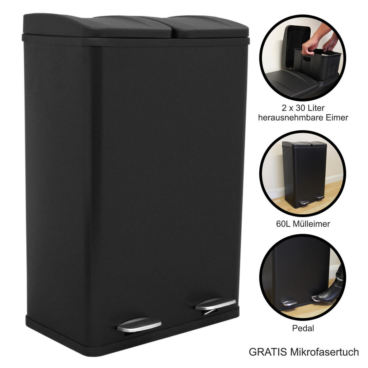 TRETMÜLLEIMER 60l Doppel Abfalleimer - Schwarz - Schwarz, Metall (47/1/36cm) - Monstershop