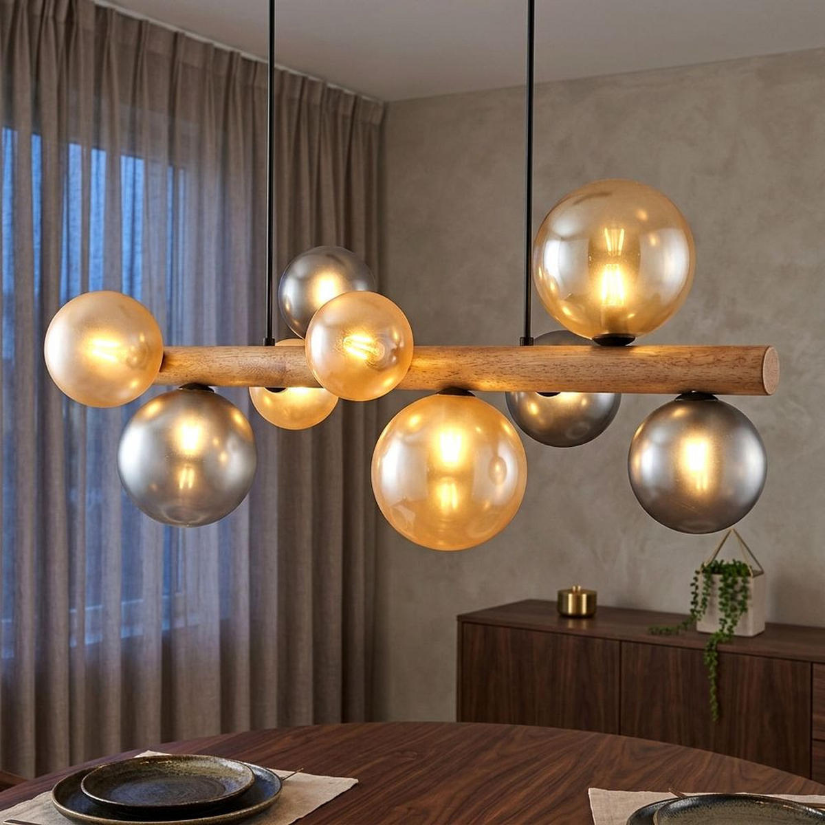 HÄNGELEUCHTE RIHA Metall, braun, 9-flammig - Braun, Holz (78/29/150cm) - Globo Lighting