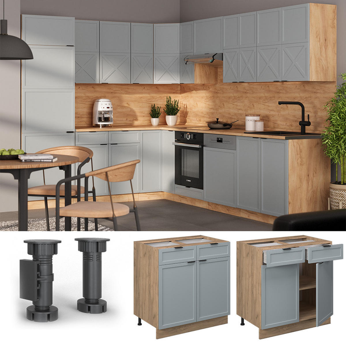 KÜCHENUNTERSCHRANK Fame-Line Hellblau-grau 80 cm, AP Anthrazit - Honigeiche/Eiche Wotan, Holzwerkstoff (80/82/60cm) - Vicco