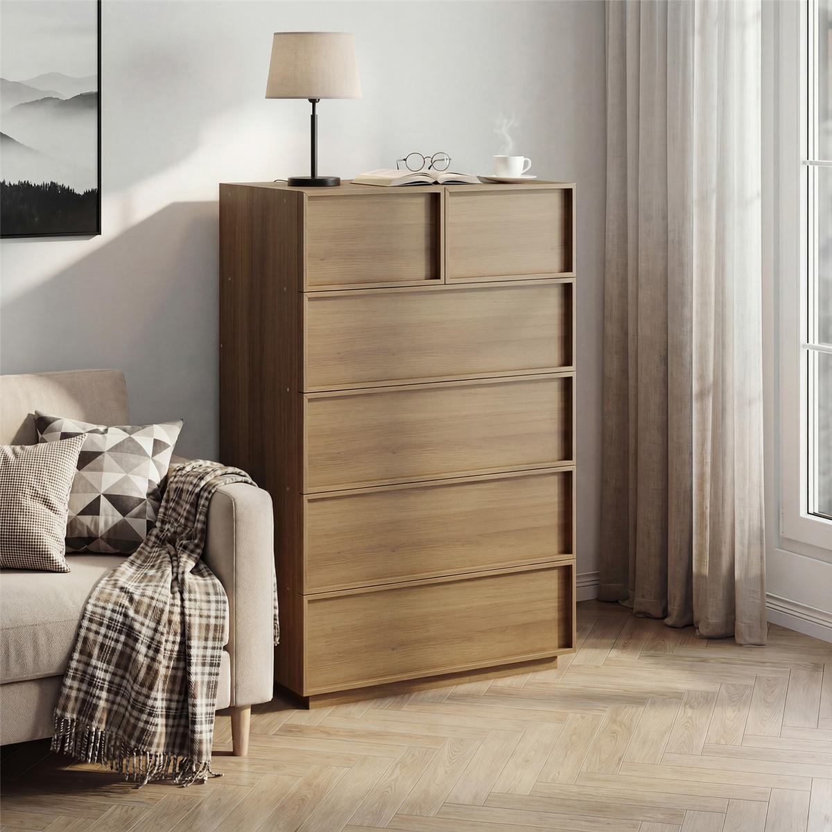 KOMMODE Eiche 80x127x48 cm Hochkommode 6 Schubladen - Hellbraun, Holz (48/127.5/80cm) - Kaket