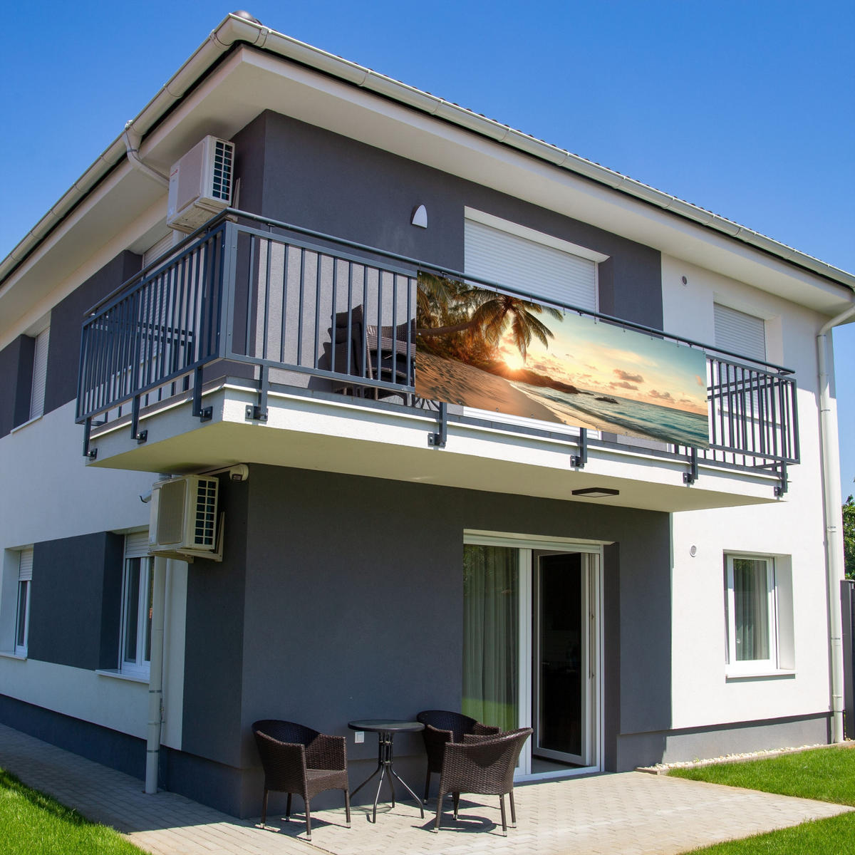 BALKON-SICHTSCHUTZ Strand - Palmen - Meer - Sonnenuntergang 300x110 cm - Samtahornfarben, Kunststoff (300/110cm) - MuchoWow