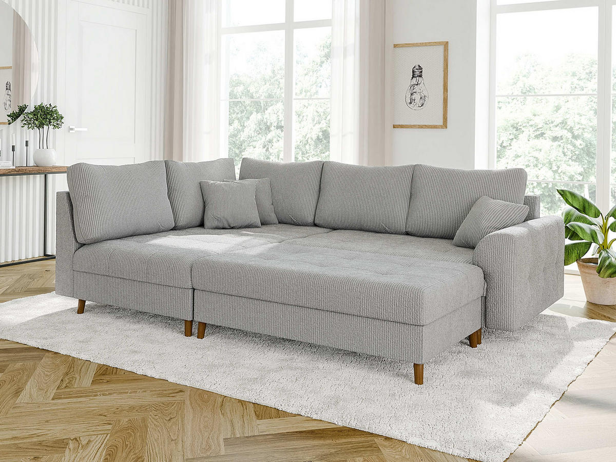 ECKSOFA inkl. Hocker Alma Hellgrau Cord - Ottomane links - Hellgrau/Braun, Holz/Textil (231/161cm) - S-Style Möbel