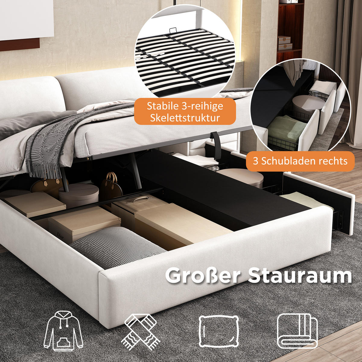 POLSTERBETT 180x200 Hydraulik 3 Schubladen Stauraum Samt Beige - Beige, Textil (180/200cm) - FLIEKS