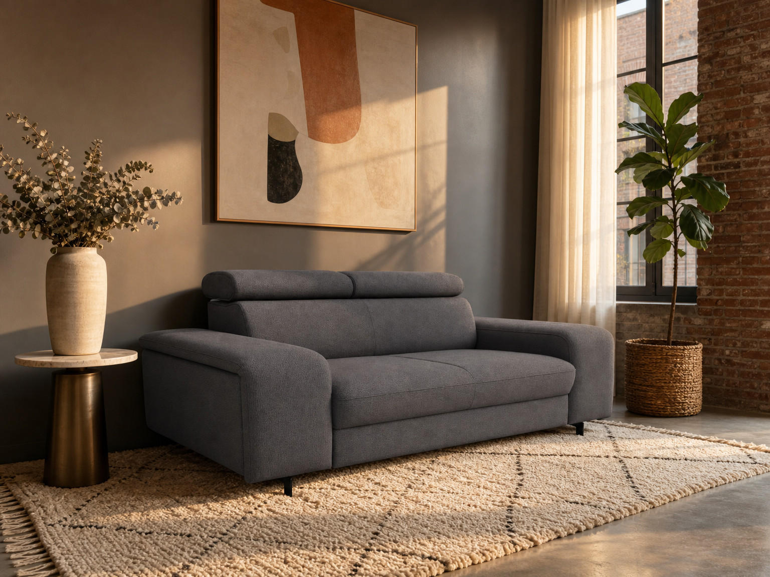 2,5-SITZER Vaasa Flachgewebe Grau klappb. Kopfstützen 198/100/81 cm - Dunkelgrau, Kunststoff/Textil (198/81/70cm) - foamnova