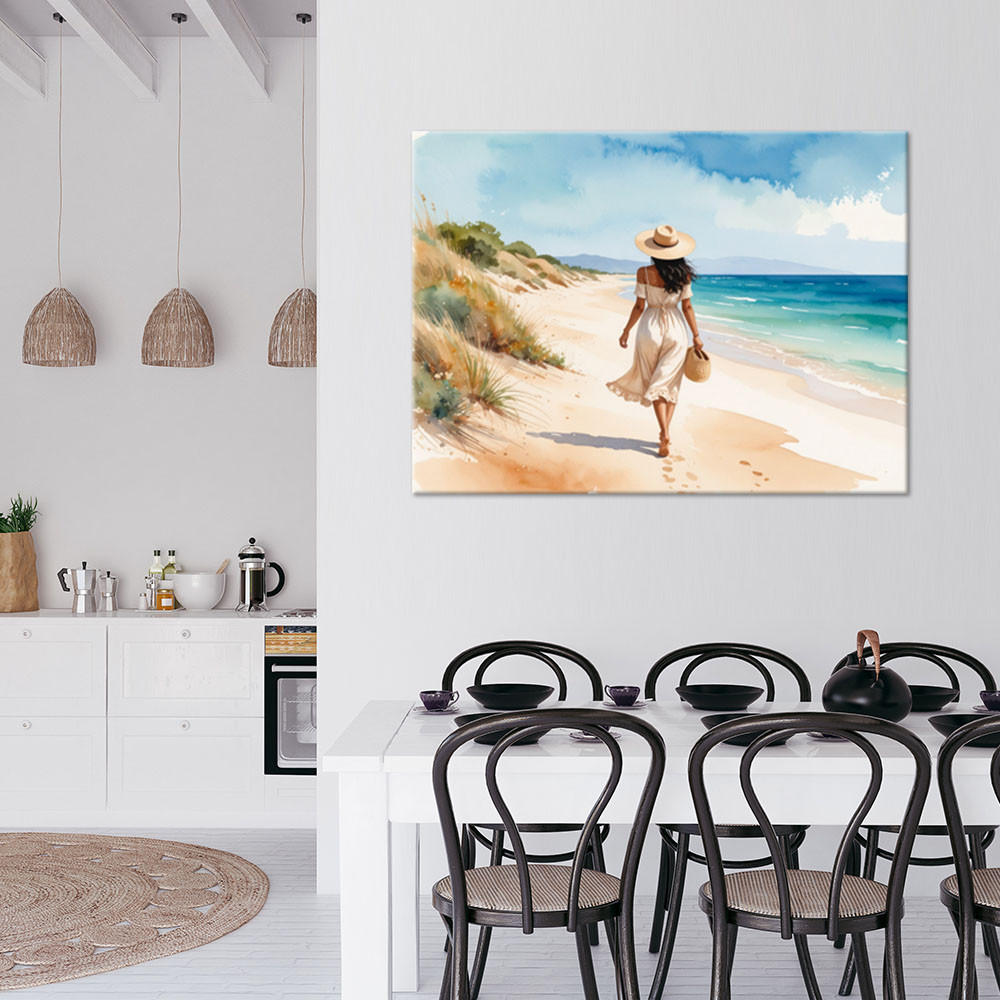 LEINWANDBILD Frau spaziert am Strand 100x70cm - Beige, Textil (100/70cm) - Feeby