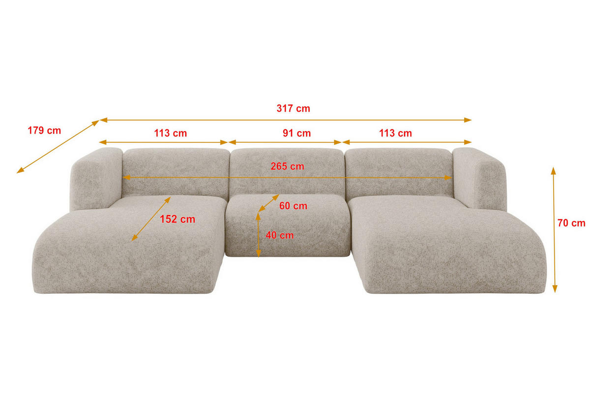WOHNLANDSCHAFT MIRA-U1 317x179x70 Beige Velours - Beige/Schwarz, Holzwerkstoff/Kunststoff (317/70/179cm) - ALTDECOR