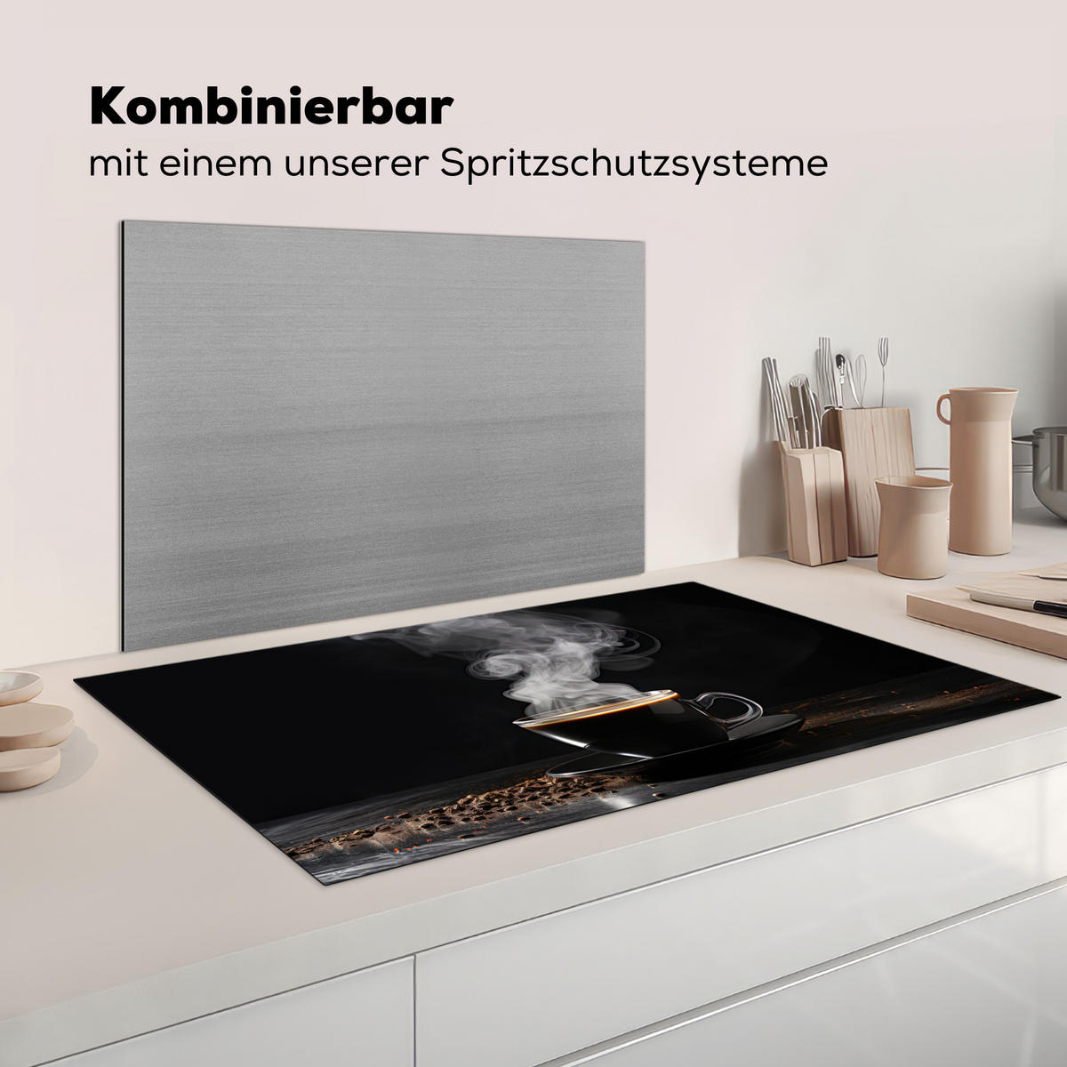 HERDABDECKPLATTE Kaffee - Schwarz - Bohnen - Heiß - Tasse Induktionsschutz 91.6x52.7 cm - Schwarz, Kunststoff (91.6/52.7/0.2cm) - MuchoWow
