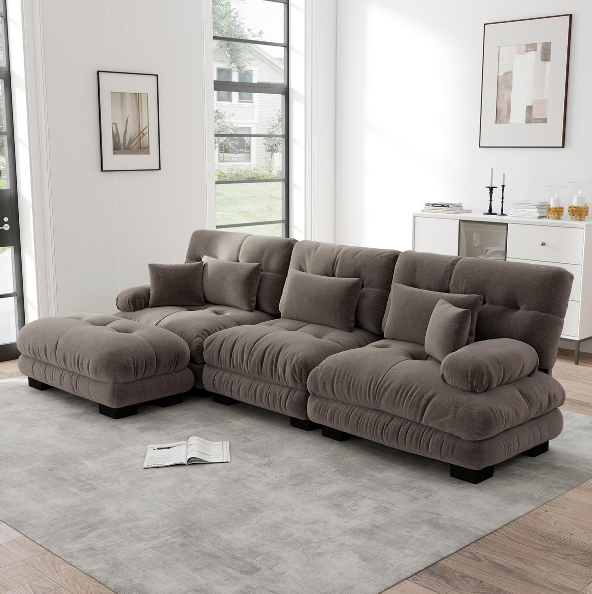 ECKSOFA 313/145/81 cm braun aus Chenille modular mit Ottomanen - Braun, Textil (145/313cm) - OKWISH