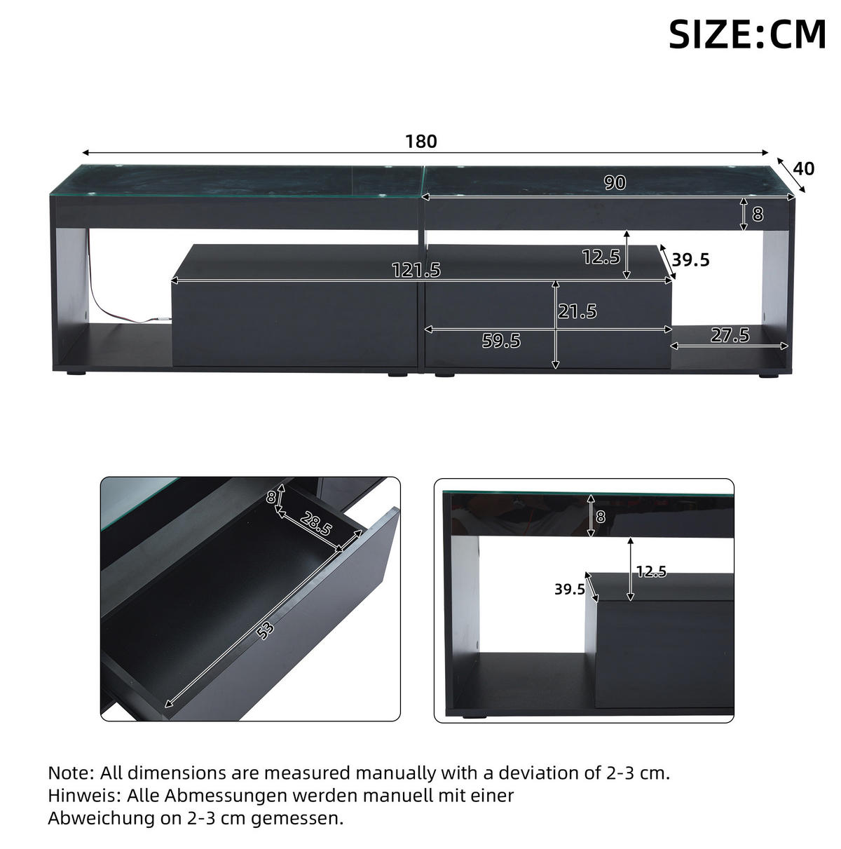 LOWBOARD 180/40/46 cm aus Spanplatte mit LED-Beleuchtung und 2 Schubladen Schwarz - Schwarz, Holzwerkstoff (180/46/40cm) - Modenvie
