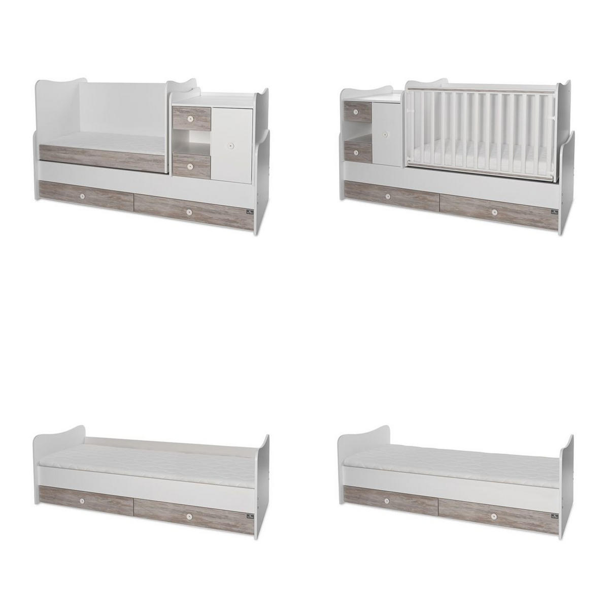 BABYBETT Mini Max 3 in 1 weiß grau 120 x 60 cm, Jugendbett 190 x 72 cm, Wickelkommode, Schaukelfunktion - Grau, Holzwerkstoff (72/190cm) - Lorelli