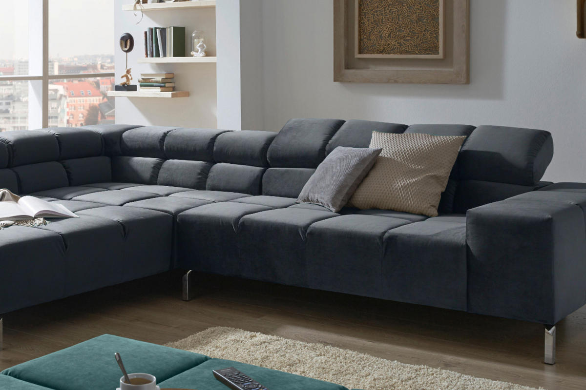 ECKSOFA NELSON Schwarz Velvet - Silberfarben/Schwarz, Textil (321/216cm) - KAWOLA