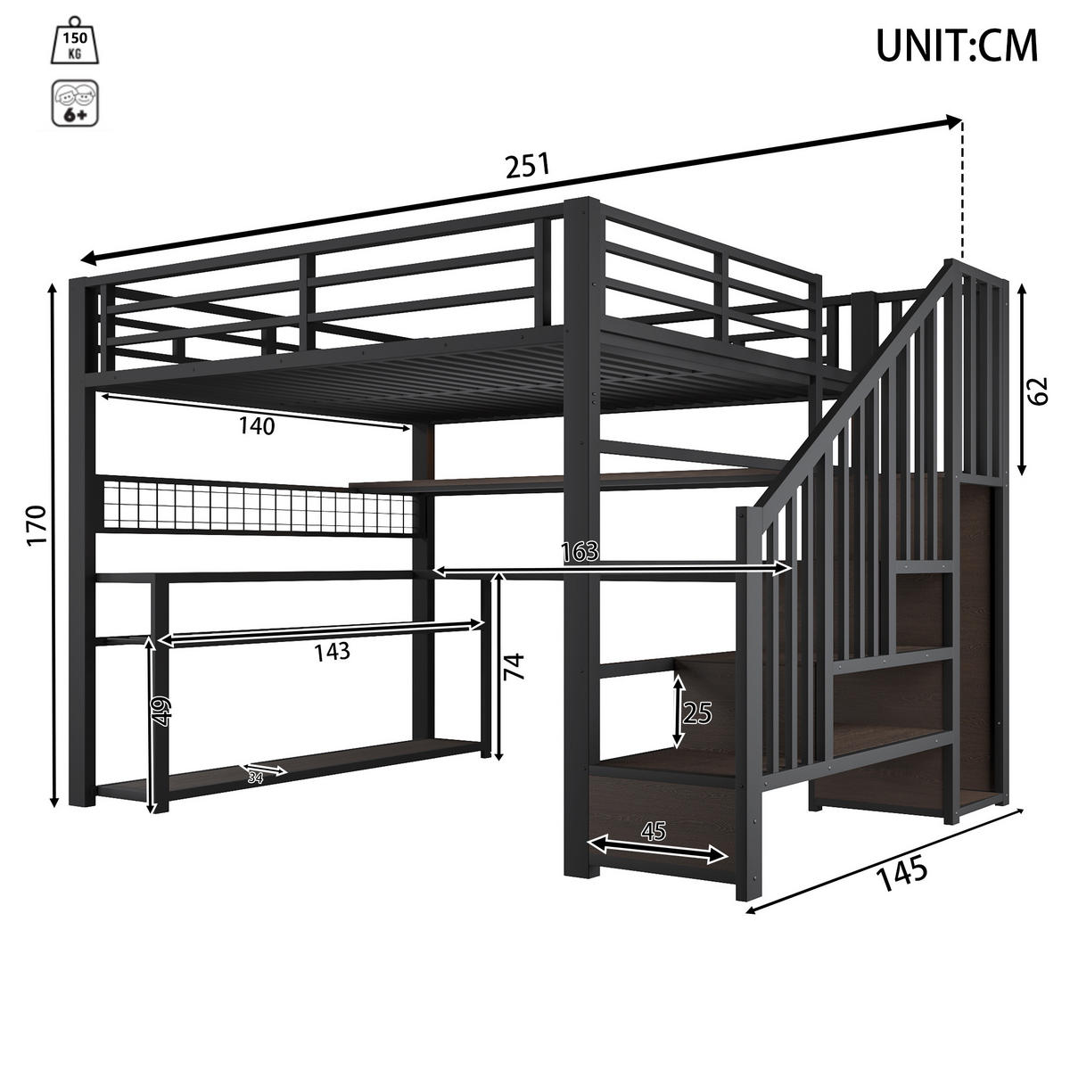 HOCHBETT 140/200 cm in Schwarz aus Metall und MDF mit LED, Kleiderschrank, Schreibtisch und Stauraum - Schwarz, Holzwerkstoff/Metall (140/200cm) - WISHDOR