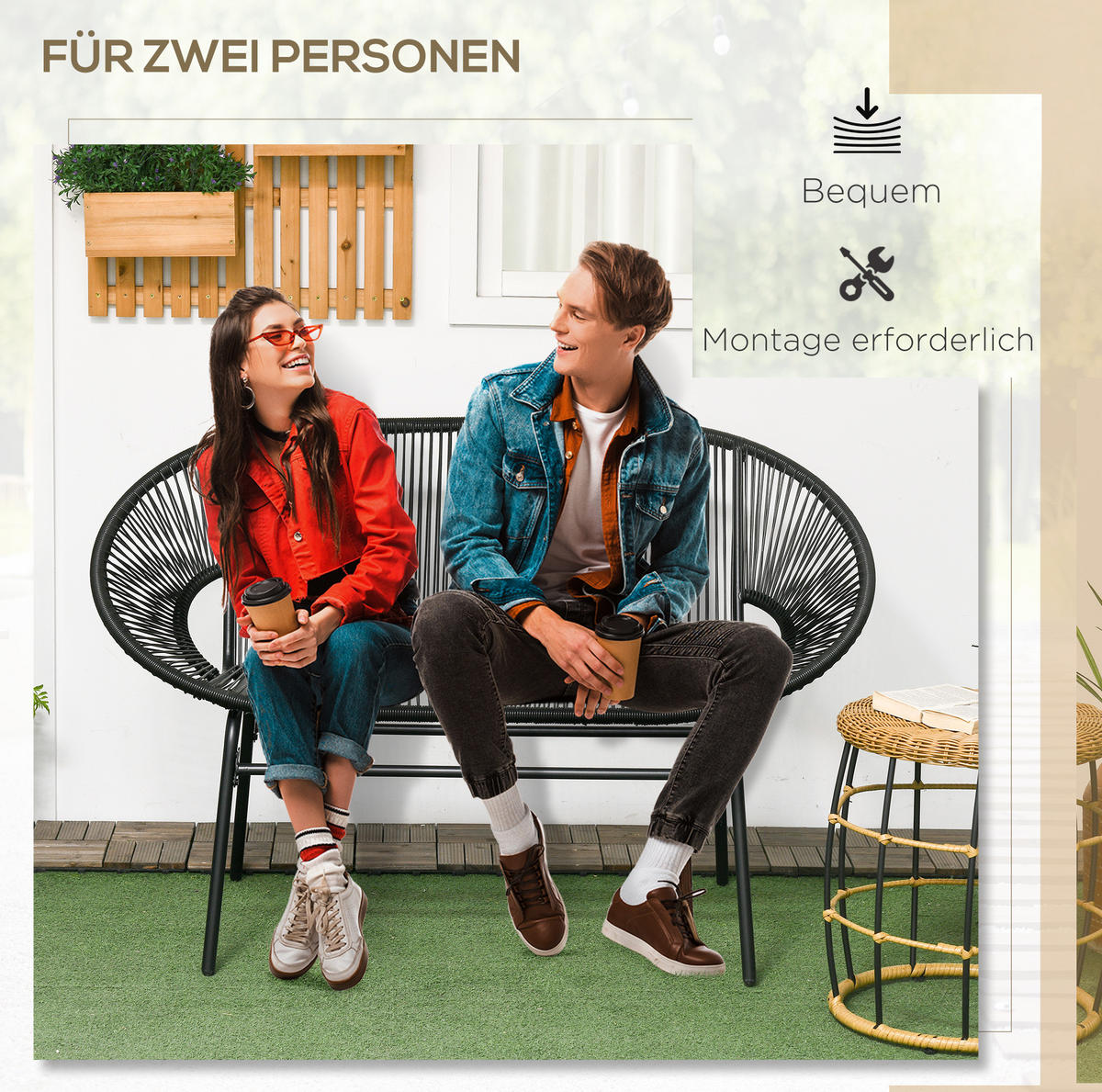 GARTENBANK 132/72/83 cm schwarz aus Polyrattan mit Stahlrahmen - Schwarz, Kunststoff (72/83/132cm) - OKWISH