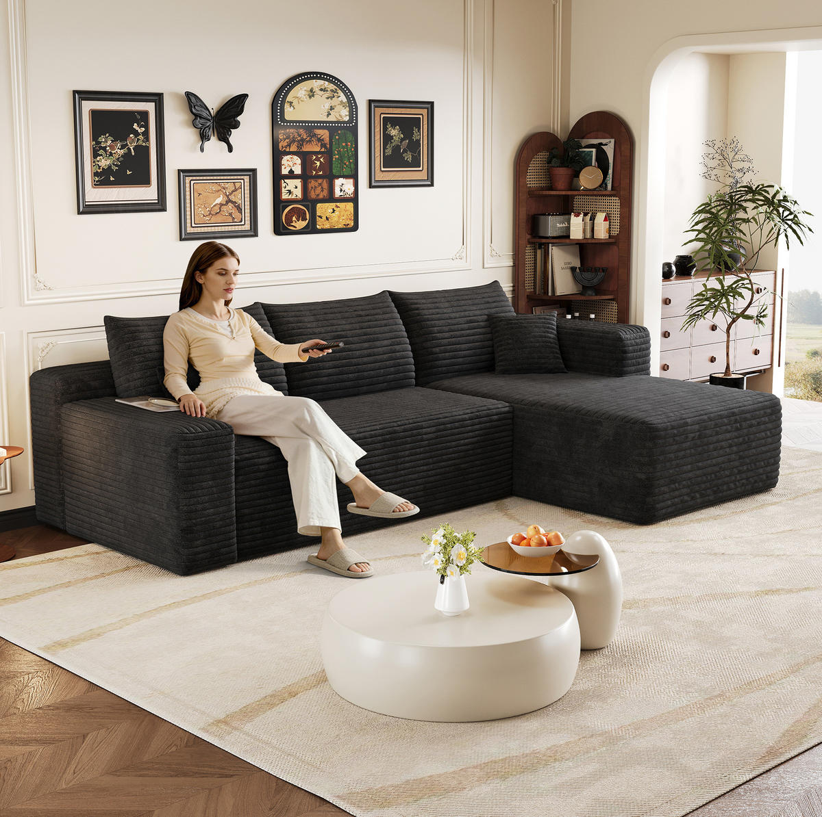ECKSOFA 241/151/58 cm schwarz aus Stoff ohne Montage mit Chaise - Schwarz, Textil (151/241cm) - OKWISH