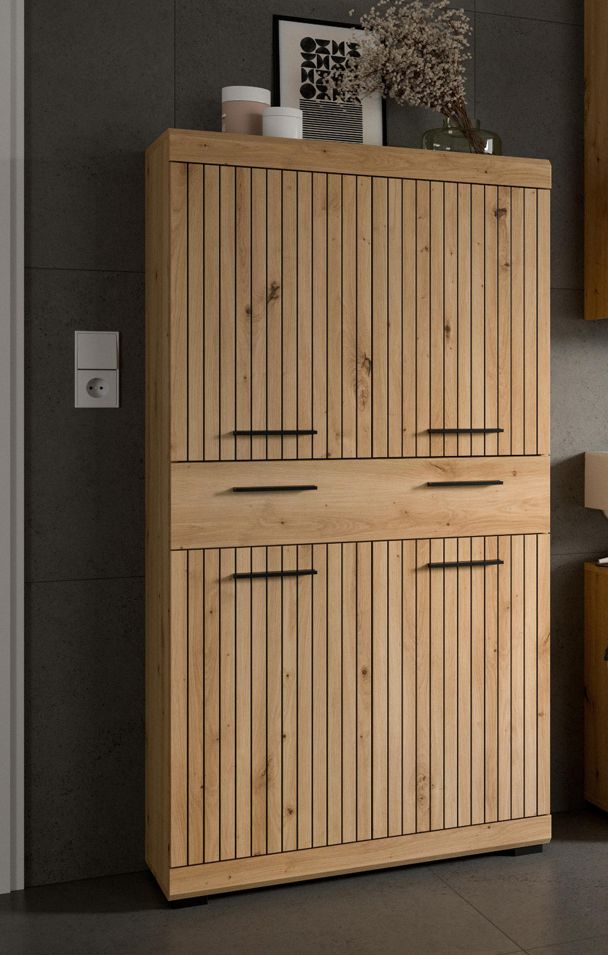 MIDISCHRANK Eiche Artisan 74 x 143 cm, Badschrank mit viel Stauraum - Schwarz/Eiche Artisan, Holzwerkstoff/Kunststoff (74/143/31cm) - Inn.Furn