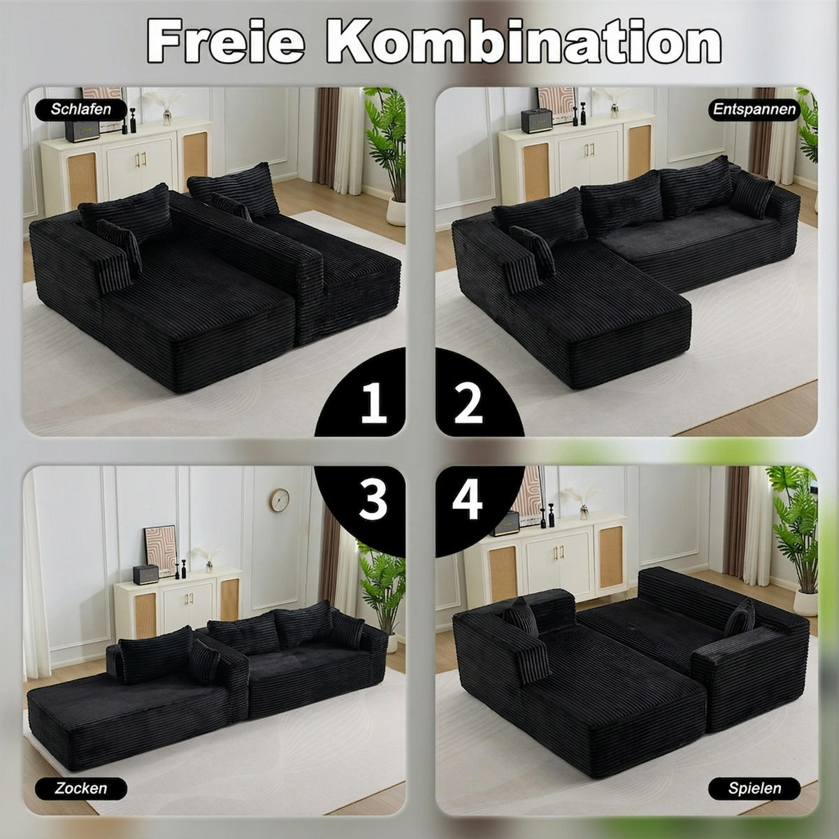 ECKSOFA 279/179/83 cm Schwarz Cord mit Chaiselongue - Schwarz, Textil (179/83/279cm) - Oxeza