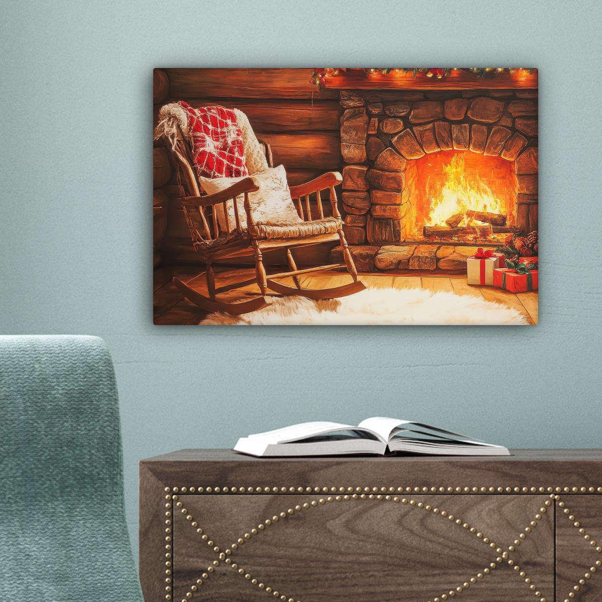 LEINWANDBILD Winter - Weihnachten - Zuhause - Kamin 30x20 cm - Bernsteinfarben, Textil (30/20cm) - MuchoWow