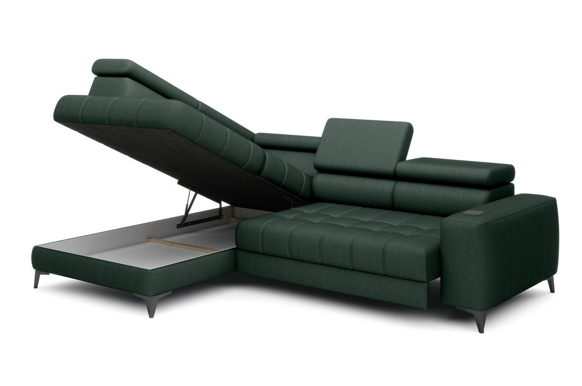 ECKSOFA BAGGIO Letto Stoff, Schlaffunktion, Bettkasten, Sitztiefe, Kopfstützen 280x196cm – Links – Dunkelgrün - Dunkelgrün, Holz/Textil (196/280cm) - DomoHome