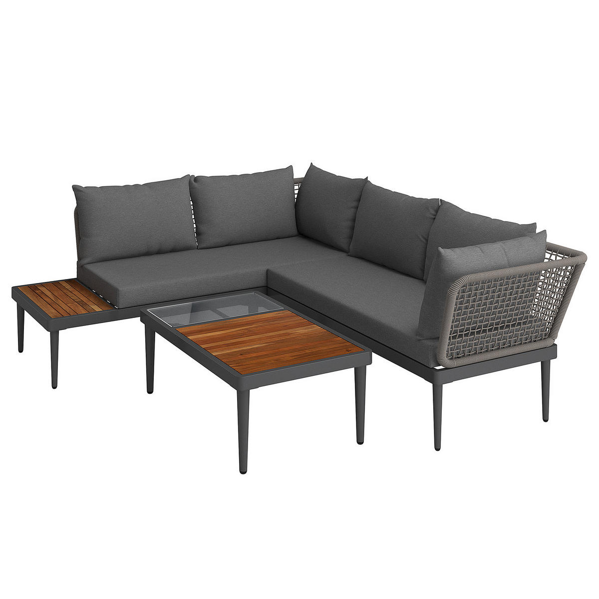 LOUNGESET - Stahl / Polyester - Anthrazit - 3-teilig - Anthrazit/Braun, Naturmaterialien/Glas - home24