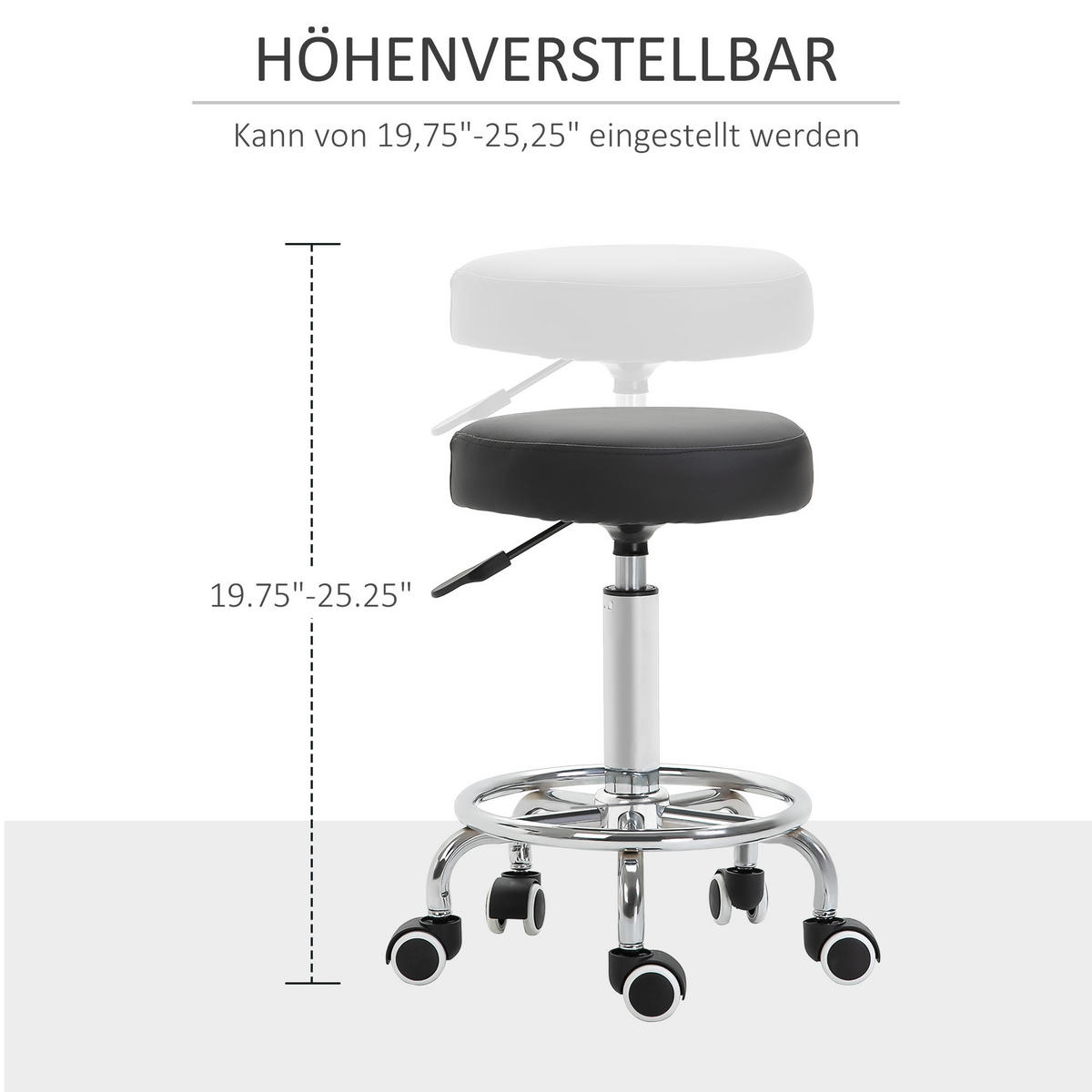 ROLLHOCKER Höhenverstellbar Schwarz 42.0/42.0/64.0 cm - Schwarz, Leder (42/64/42cm)