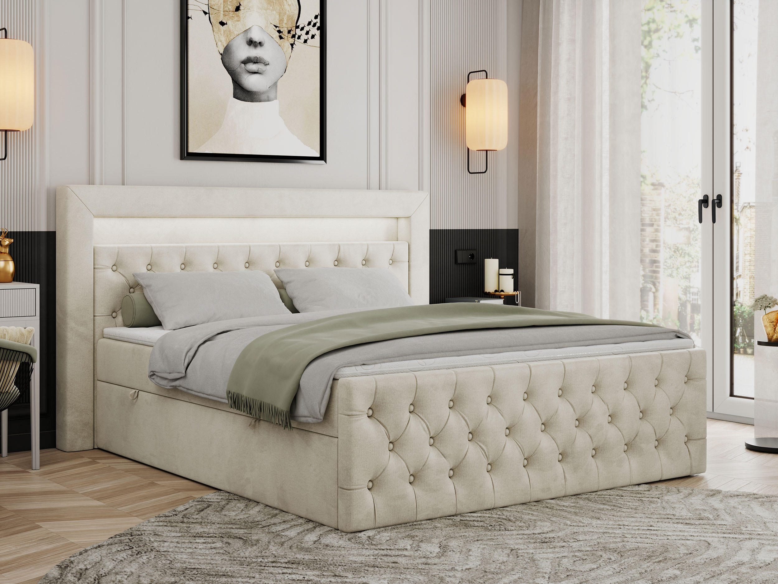 BOXBETT GOLD-9 LED 160/200 Beige Velvet - H4 - Beige, Holz/Textil (160/200cm) - MKS