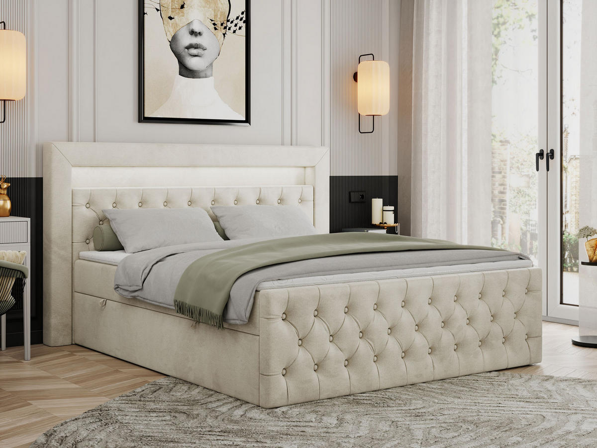 BOXBETT GOLD-9 LED 140/200 Beige Velvet - H3 - Beige, Holz/Textil (140/200cm) - MKS