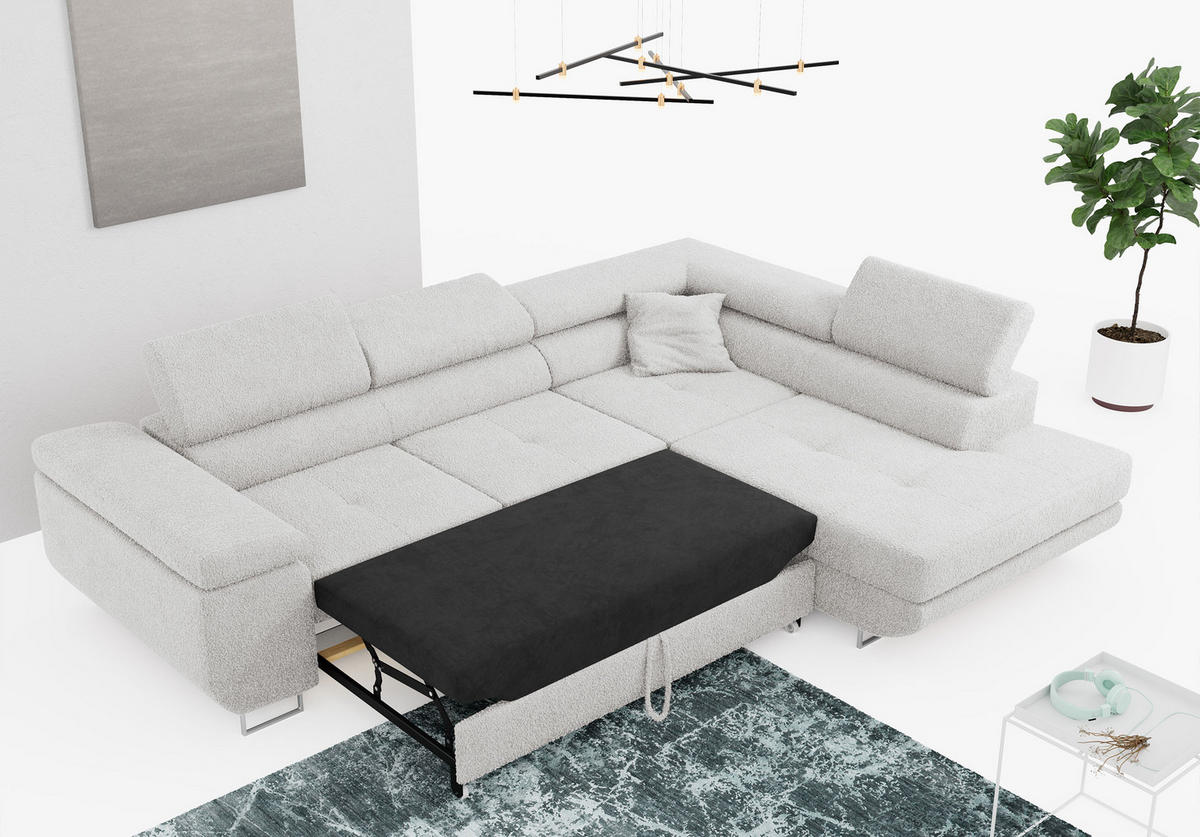 ROHOVÁ SEDAČKA GUSTAW L - Světle šedá Bouclé - Pravá Strana - stříbrná/světle šedá, kov/textil (205/275cm) - MKS